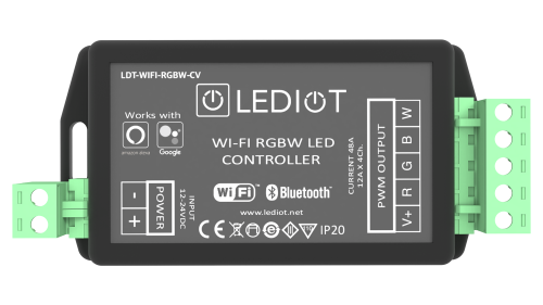 Lediot RGBW LED kontrol cihazı 12-24V WiFi Bluetooth 4x12A ön görünüm